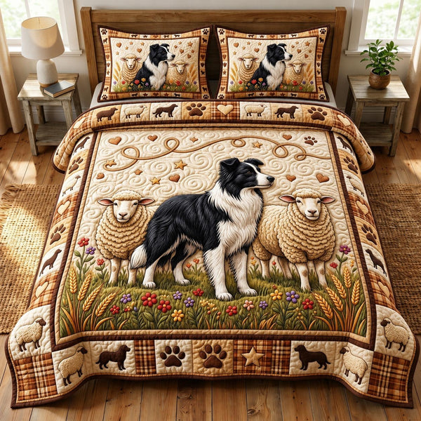 Border Collie quilted 3-piece bedding set on a made bed with two matching pillow shams