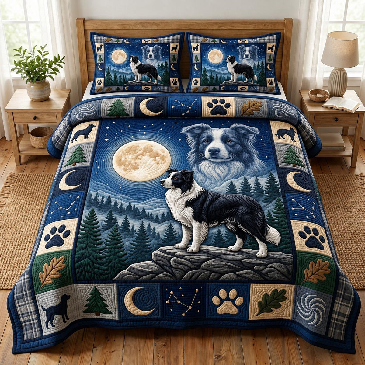 Border Collie 3-Piece Quilted Bedding Set - Design 4 — quilt and two matching pillow shams