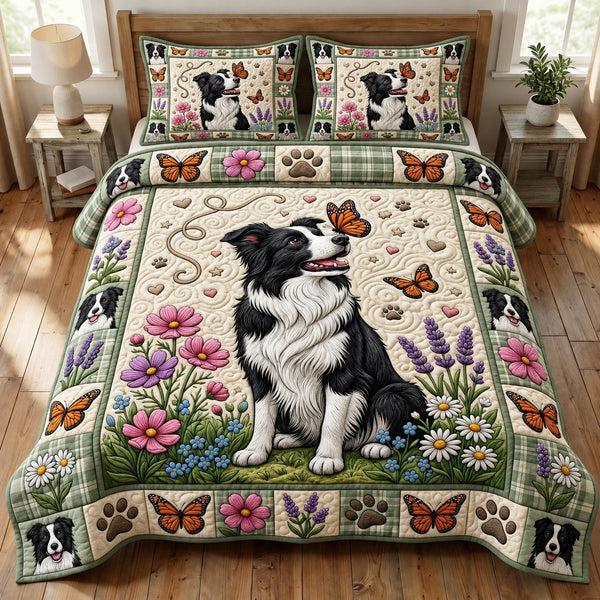 Border Collie quilted 3-piece bedding set on a made bed with two matching pillow shams
