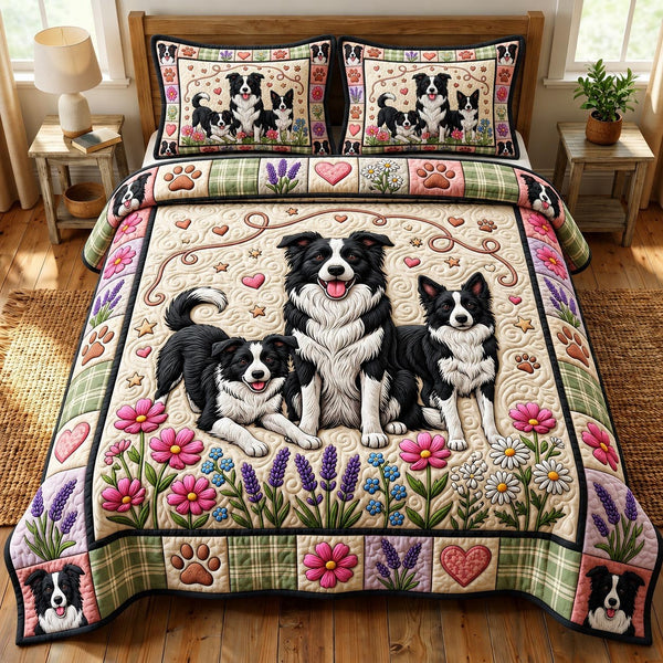 Border Collie quilted 3-piece bedding set on a made bed with two matching pillow shams