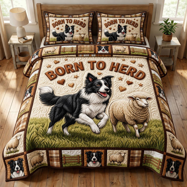 Border Collie quilted 3-piece bedding set on a made bed with two matching pillow shams