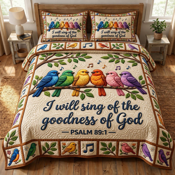 Christian Bird quilted 3-piece bedding set on a made bed in a softly lit bedroom