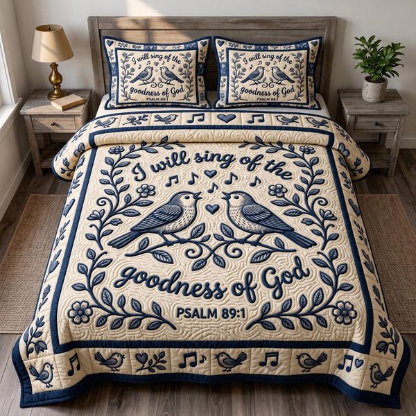 Christian Bird quilted 3-piece bedding set on a made bed in a softly lit bedroom