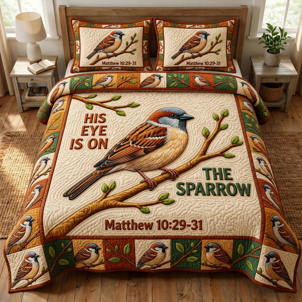 Christian Bird quilted 3-piece bedding set on a made bed in a softly lit bedroom