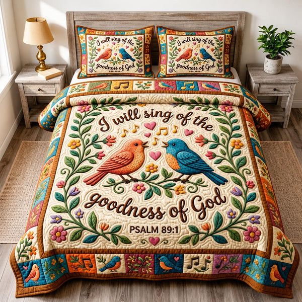 Christian Bird quilted 3-piece bedding set on a made bed in a softly lit bedroom