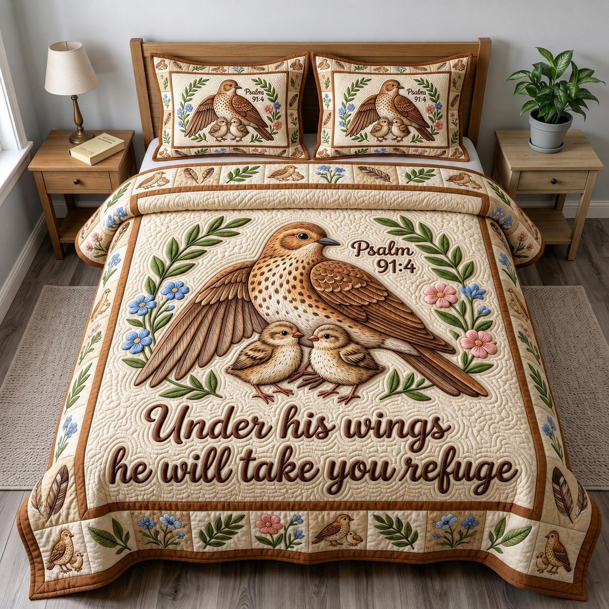 Christian Bird 3-Piece Quilted Bedding Set - Design 5 — quilt and two matching pillow shams