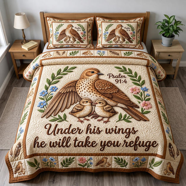 Christian Bird quilted 3-piece bedding set on a made bed in a softly lit bedroom