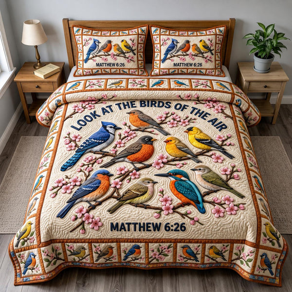 Christian Bird quilted 3-piece bedding set on a made bed in a softly lit bedroom