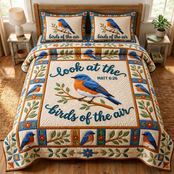 Christian Bird quilted 3-piece bedding set on a made bed in a softly lit bedroom