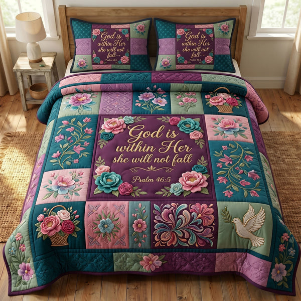 Floral Bible 3-Piece Quilted Bedding Set - Design 56 — quilt and two matching pillow shams