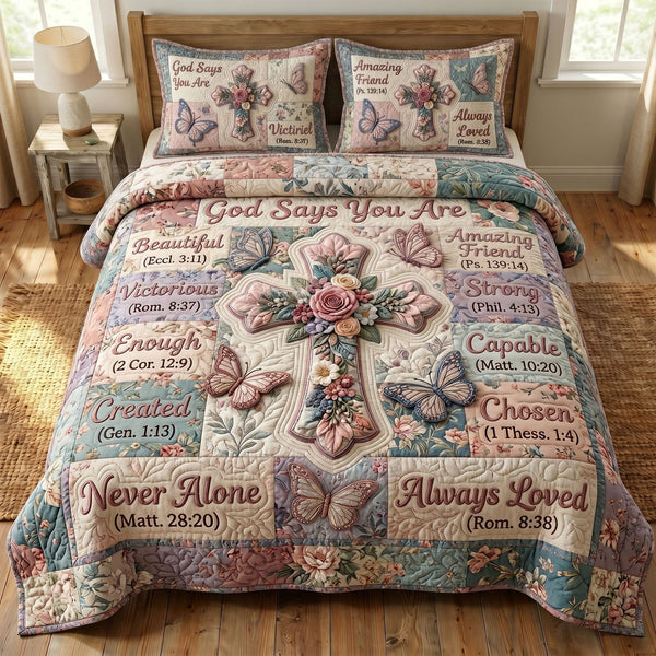 Floral Bible 3-Piece Quilted Bedding Set - Design 57 — quilt and two matching pillow shams