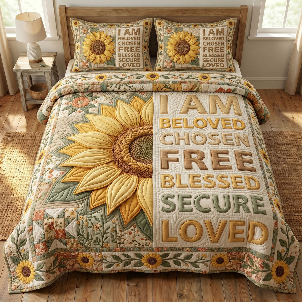 Floral Bible 3-Piece Quilted Bedding Set - Design 60 — quilt and two matching pillow shams