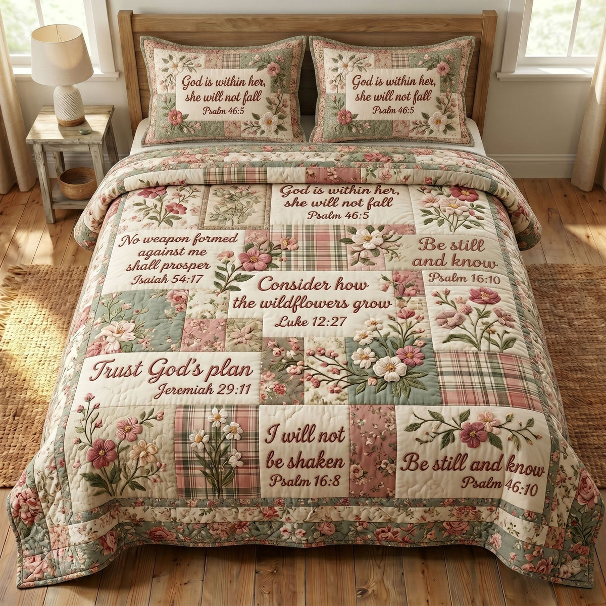 Floral Bible 3-Piece Quilted Bedding Set - Design 62 — quilt and two matching pillow shams