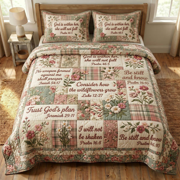 Floral Bible 3-Piece Quilted Bedding Set - Design 62 — quilt and two matching pillow shams