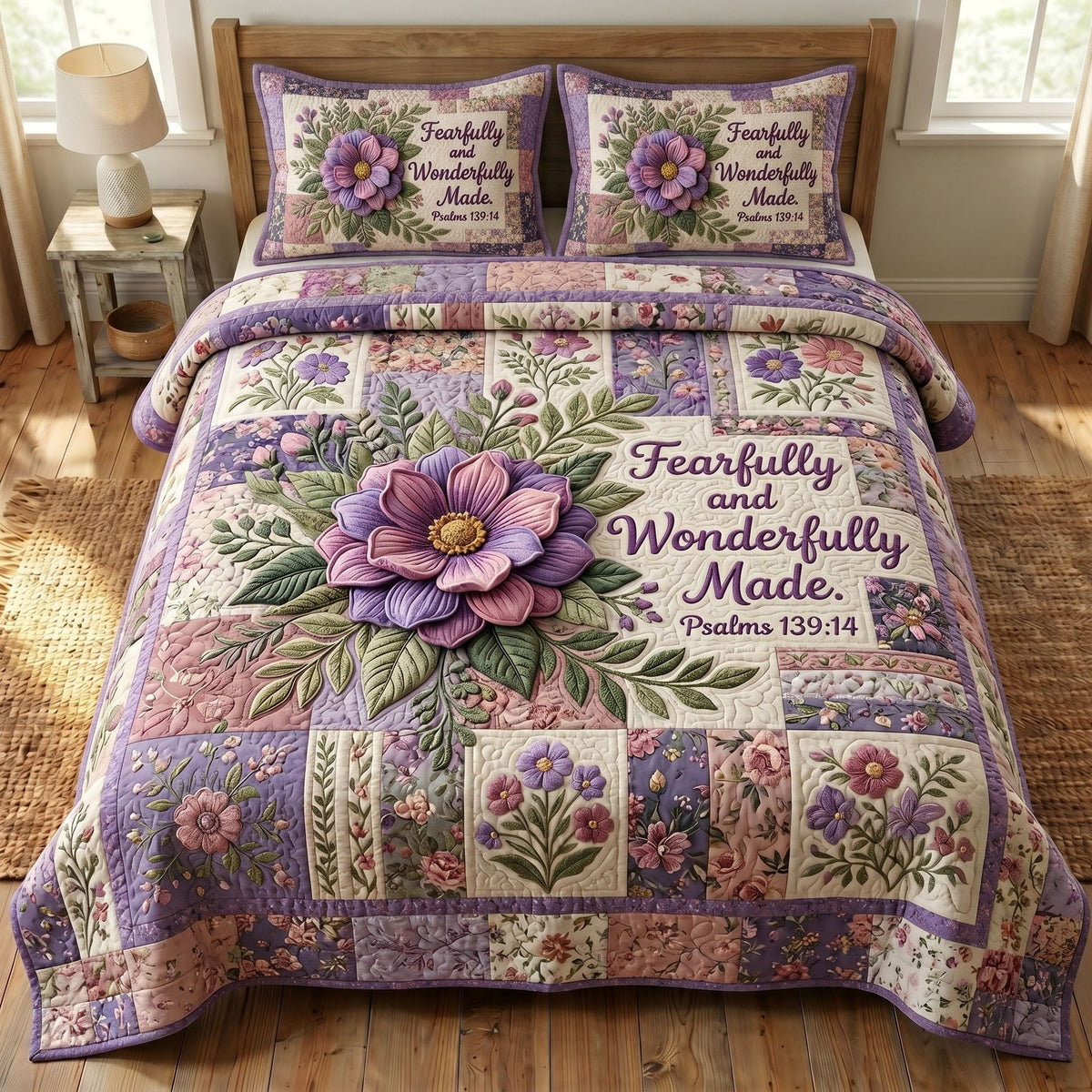 Floral Bible 3-Piece Quilted Bedding Set - Design 63 — quilt and two matching pillow shams