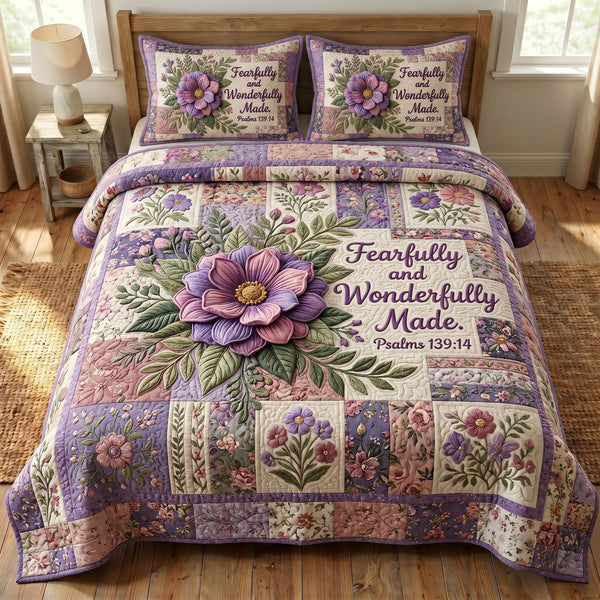 Floral Bible 3-Piece Quilted Bedding Set - Design 63 — quilt and two matching pillow shams