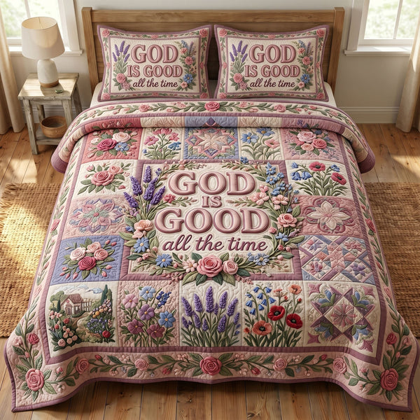 Floral Bible 3-Piece Quilted Bedding Set - Design 64 — quilt and two matching pillow shams