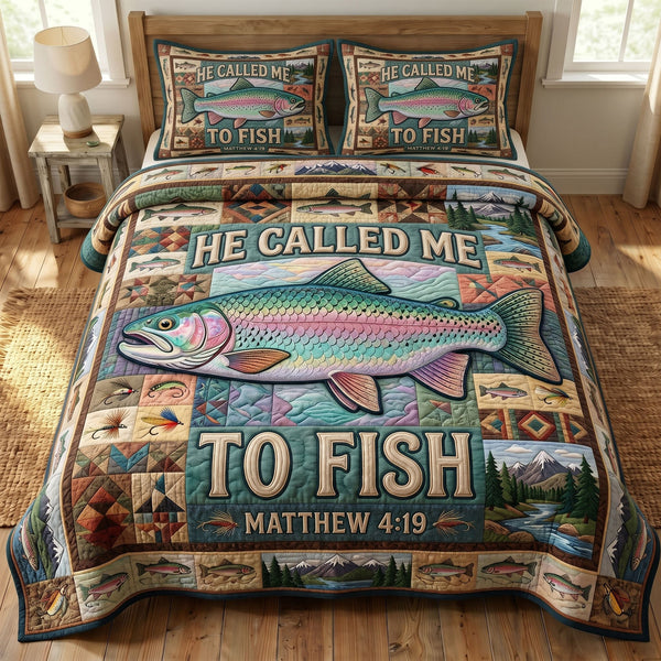 Faithful Fisher quilted 3-piece bedding set on a made bed in a softly lit bedroom
