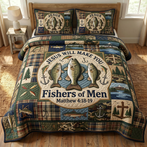 Faithful Fisher quilted 3-piece bedding set on a made bed in a softly lit bedroom