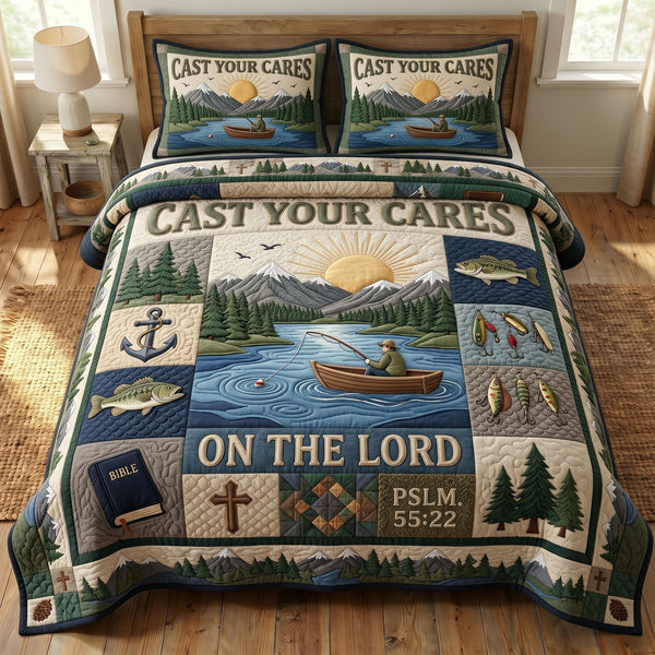 Faithful Fisher quilted 3-piece bedding set on a made bed in a softly lit bedroom