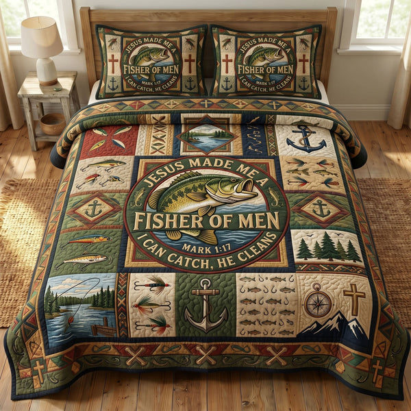 Faithful Fisher quilted 3-piece bedding set on a made bed in a softly lit bedroom