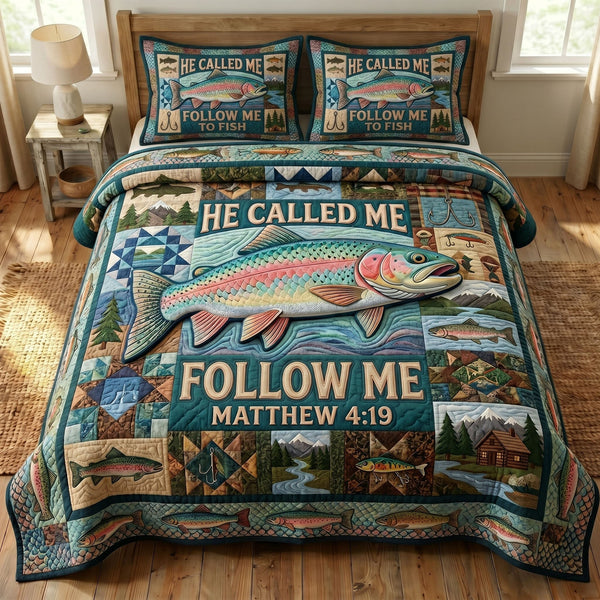 Faithful Fisher quilted 3-piece bedding set on a made bed in a softly lit bedroom