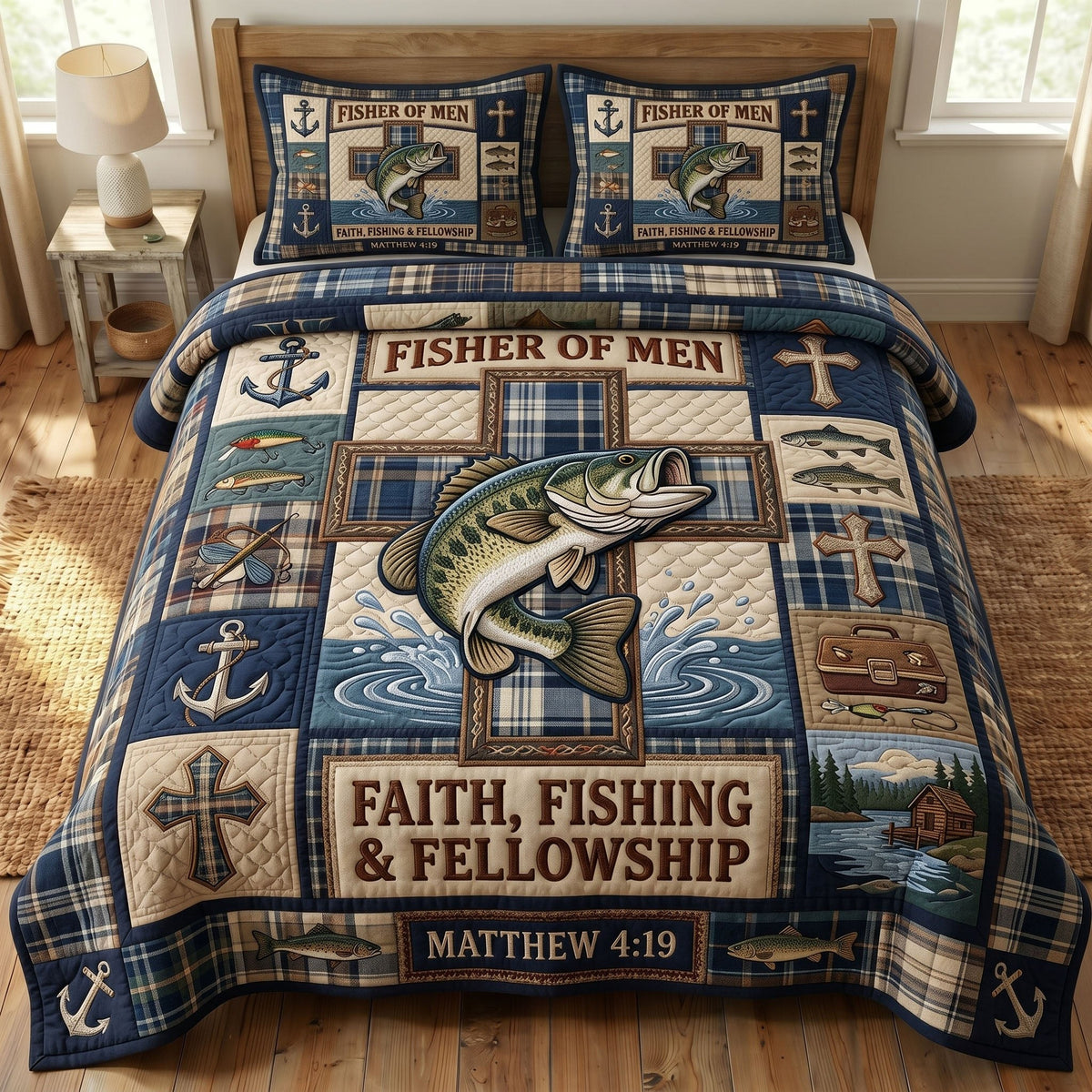Faithful Fisher 3-Piece Quilted Bedding Set - Design 6 — quilt and two matching pillow shams
