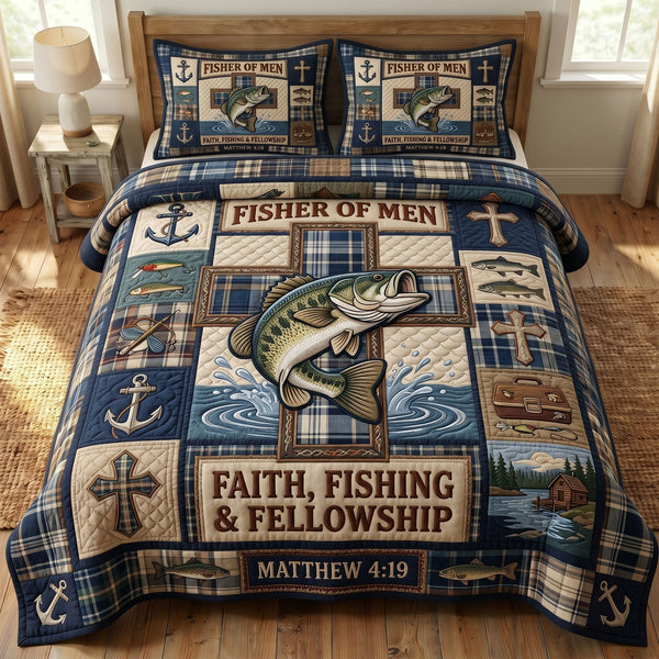 Faithful Fisher quilted 3-piece bedding set on a made bed in a softly lit bedroom