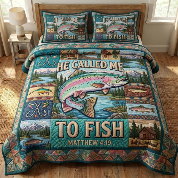 Faithful Fisher quilted 3-piece bedding set on a made bed in a softly lit bedroom