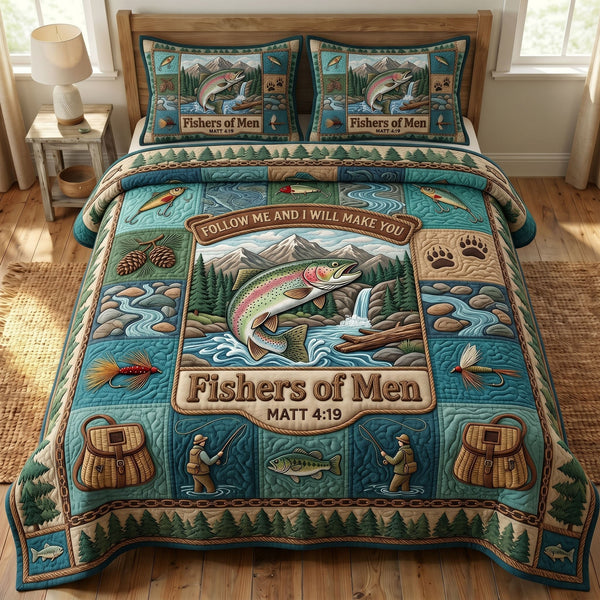 Faithful Fisher quilted 3-piece bedding set on a made bed in a softly lit bedroom