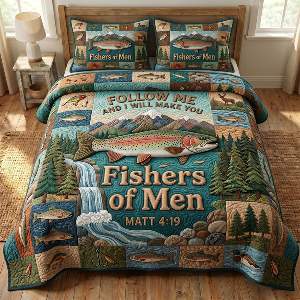 Faithful Fisher quilted 3-piece bedding set on a made bed in a softly lit bedroom