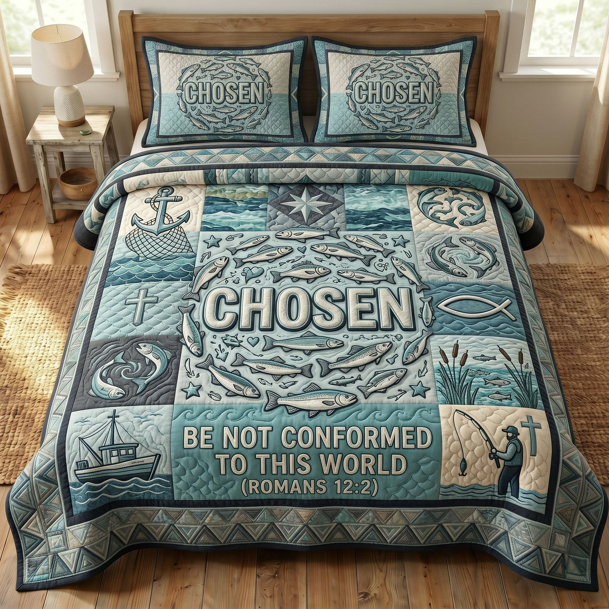 Faithful Fisher 3-Piece Quilted Bedding Set - Design 10 — quilt and two matching pillow shams