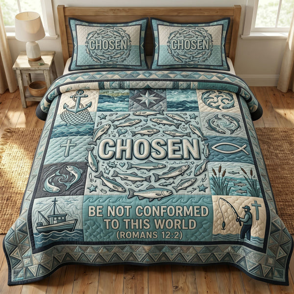 Faithful Fisher quilted 3-piece bedding set on a made bed in a softly lit bedroom