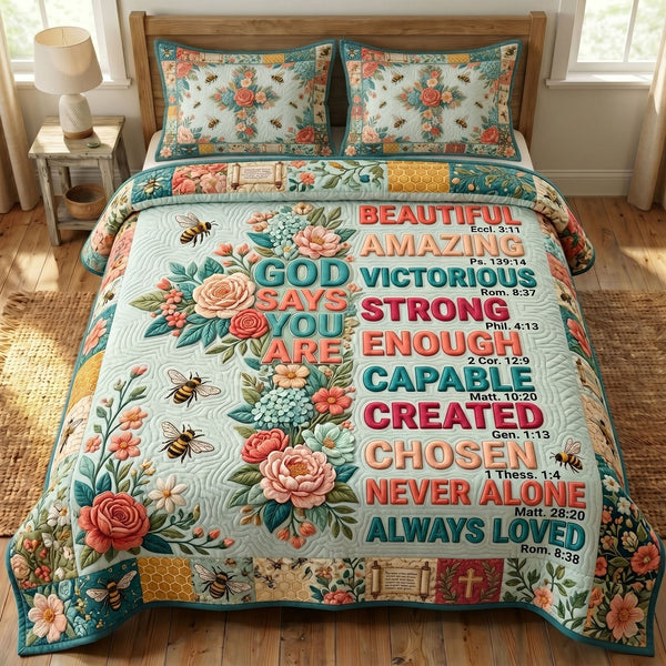 Floral Bible 3-Piece Quilted Bedding Set - Design 66 — quilt and two matching pillow shams