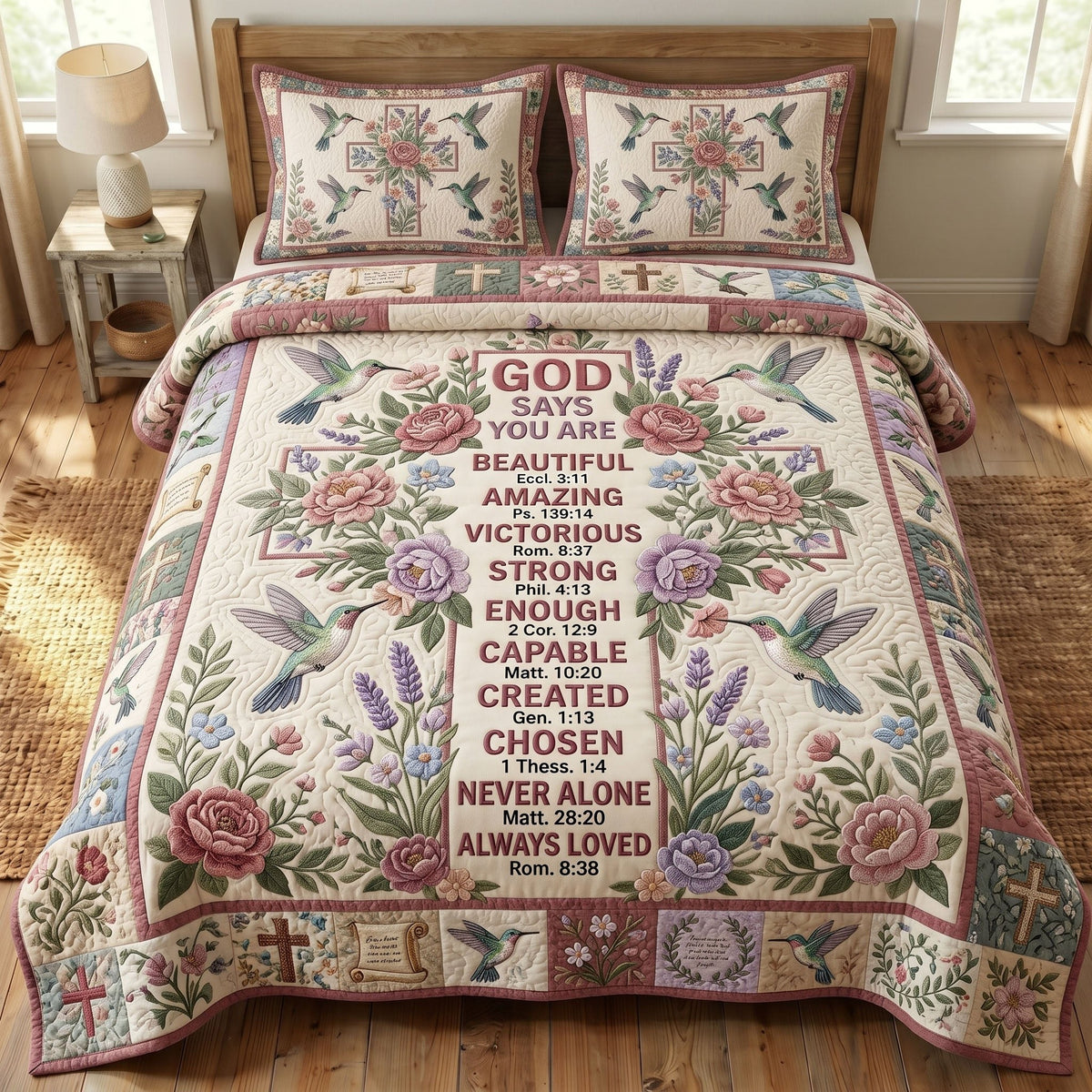 Floral Bible 3-Piece Quilted Bedding Set - Design 67 — quilt and two matching pillow shams