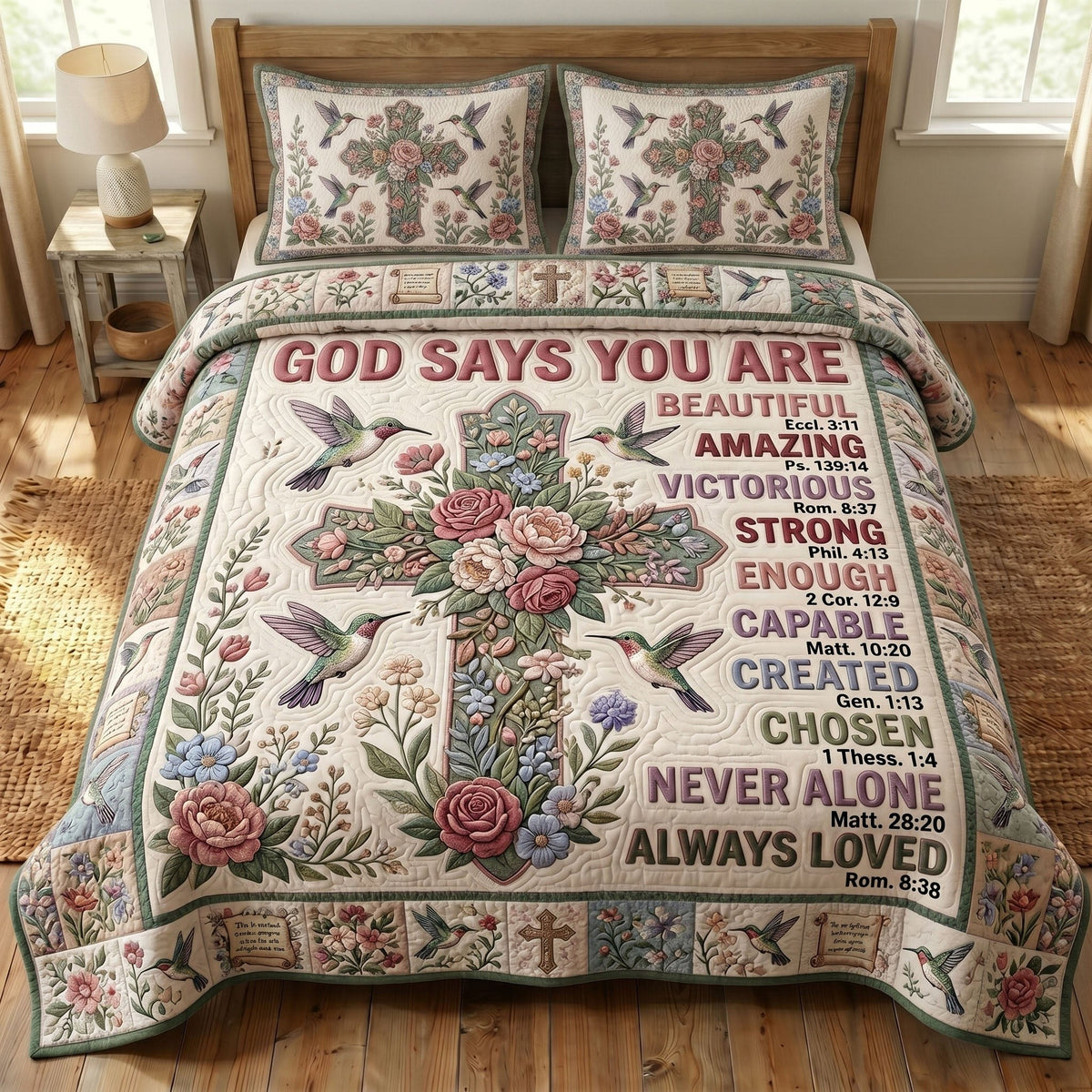 Floral Bible 3-Piece Quilted Bedding Set - Design 68 — quilt and two matching pillow shams