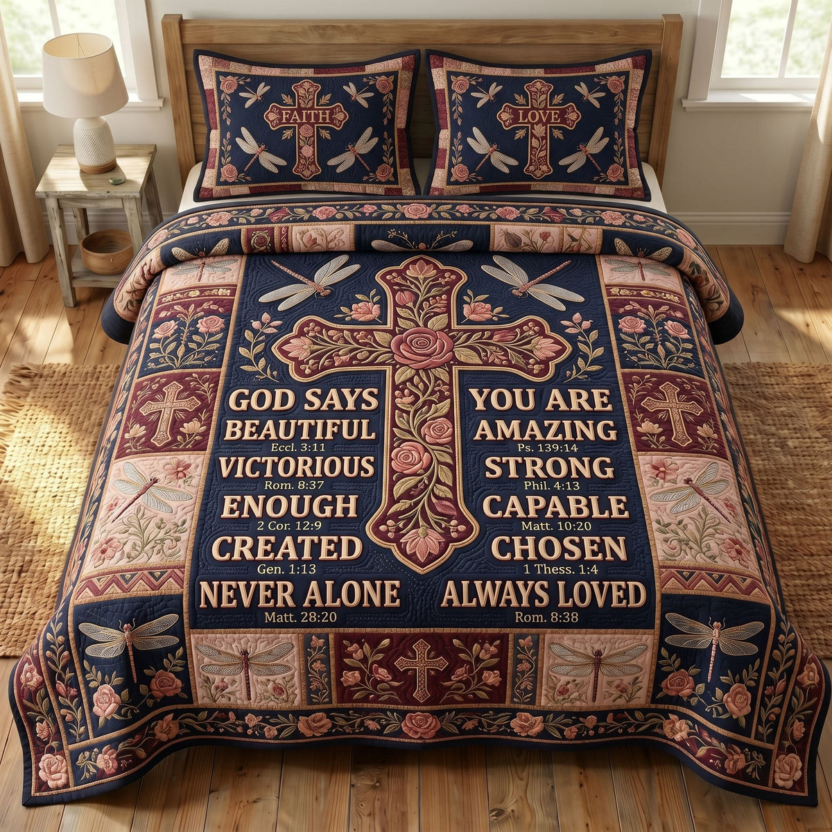 Floral Bible 3-Piece Quilted Bedding Set - Design 69 — quilt and two matching pillow shams