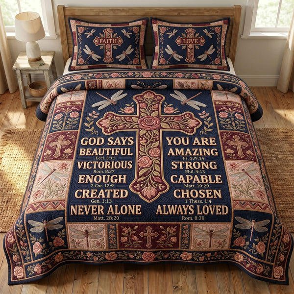 Floral Bible 3-Piece Quilted Bedding Set - Design 69 — quilt and two matching pillow shams
