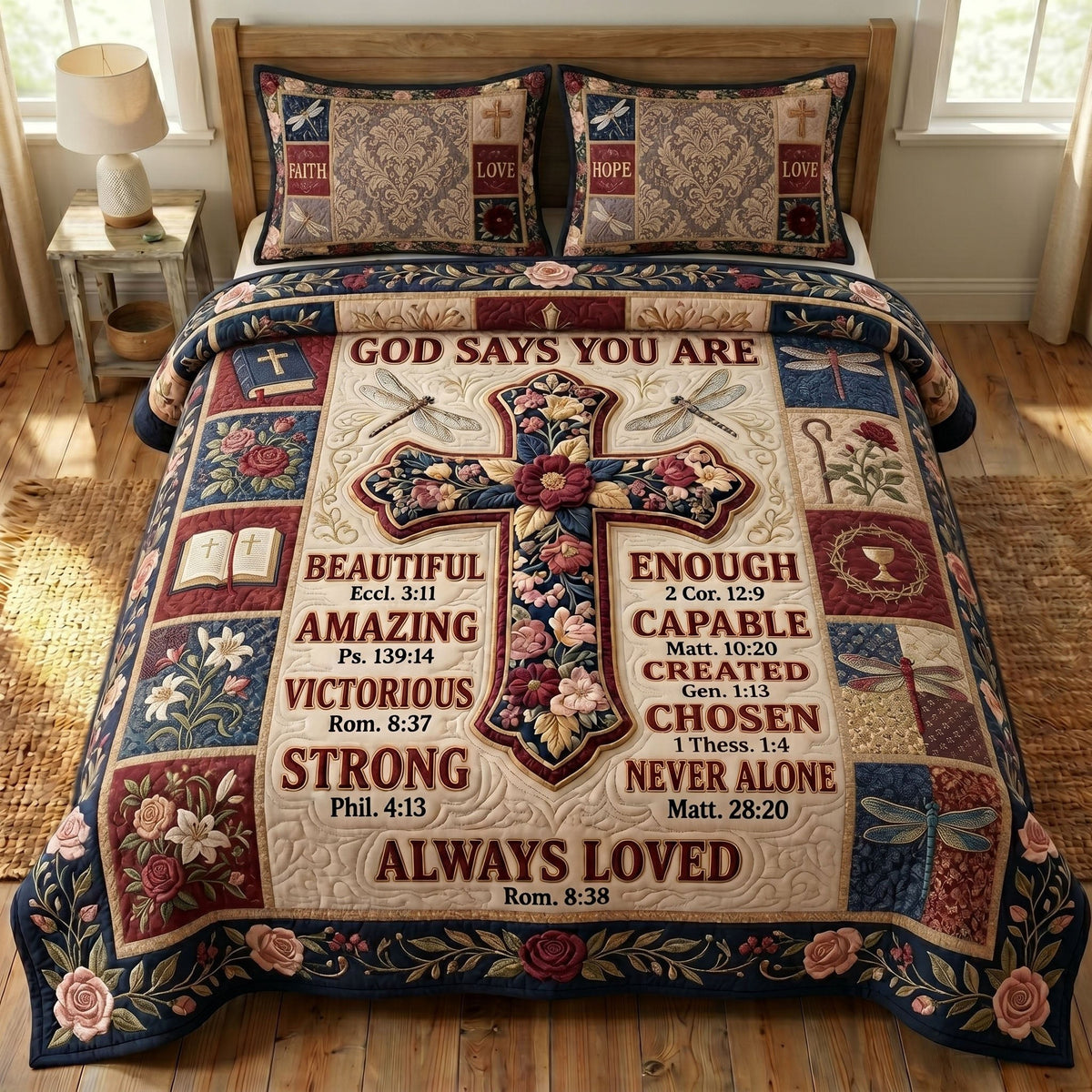 Floral Bible 3-Piece Quilted Bedding Set - Design 70 — quilt and two matching pillow shams