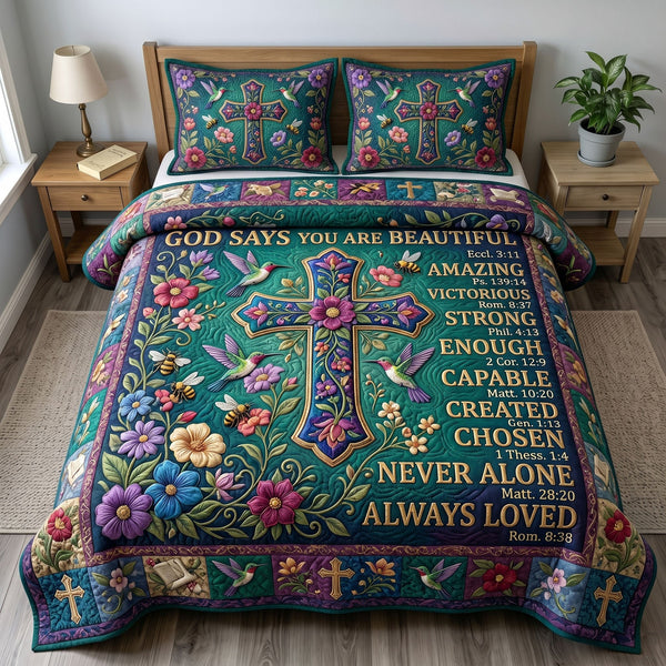 Floral Bible 3-Piece Quilted Bedding Set - Design 72 — quilt and two matching pillow shams