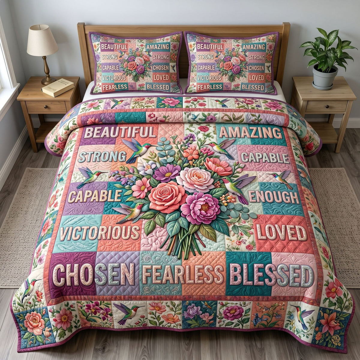 Floral Bible 3-Piece Quilted Bedding Set - Design 73 — quilt and two matching pillow shams
