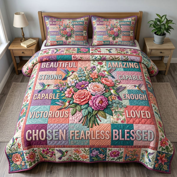 Floral Bible 3-Piece Quilted Bedding Set - Design 73 — quilt and two matching pillow shams