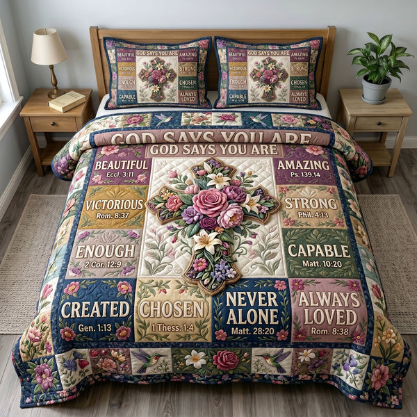 Floral Bible 3-Piece Quilted Bedding Set - Design 74 — quilt and two matching pillow shams