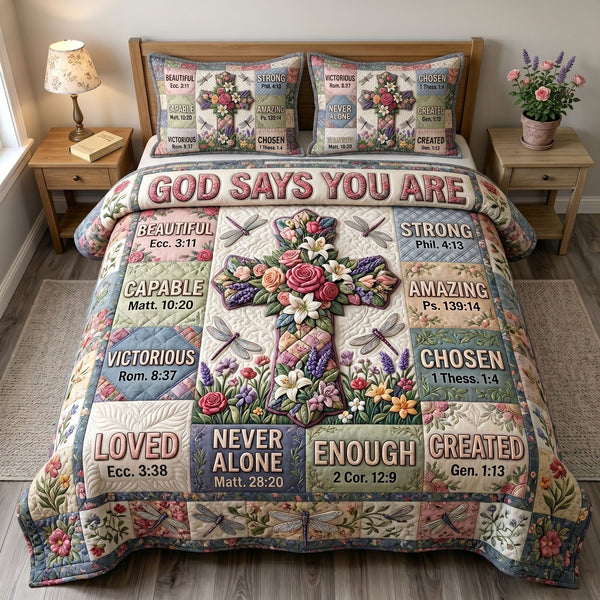 Floral Bible 3-Piece Quilted Bedding Set - Design 77 — quilt and two matching pillow shams