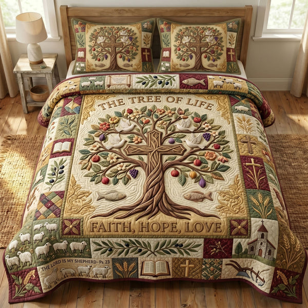 Christian Faith quilted 3-piece bedding set on a made bed in a softly lit bedroom
