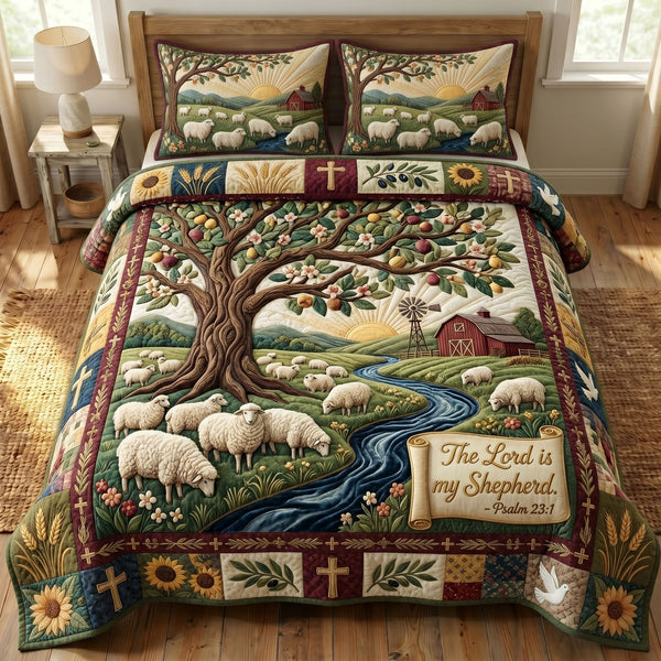 Christian Faith quilted 3-piece bedding set on a made bed in a softly lit bedroom