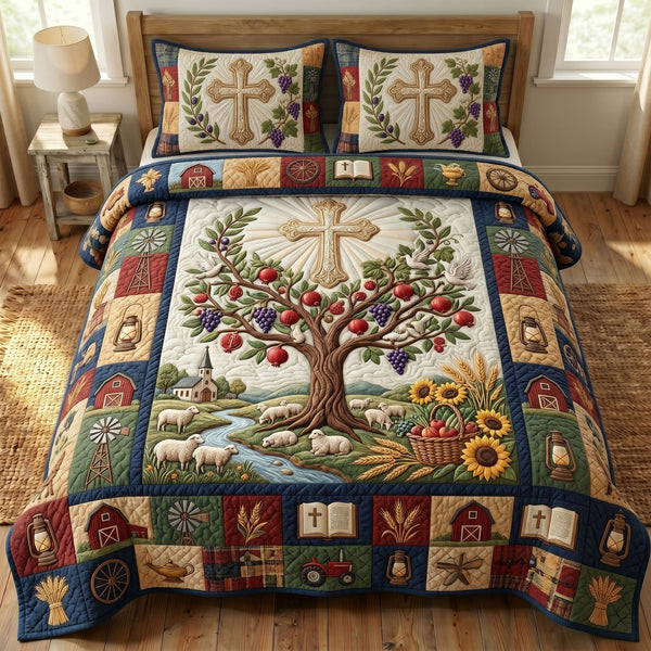 Christian Faith quilted 3-piece bedding set on a made bed in a softly lit bedroom