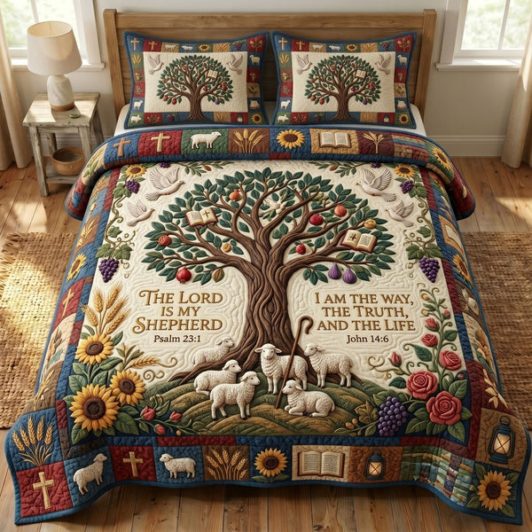 Christian Faith quilted 3-piece bedding set on a made bed in a softly lit bedroom