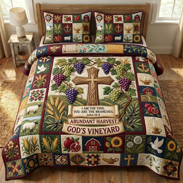 Christian Faith quilted 3-piece bedding set on a made bed in a softly lit bedroom