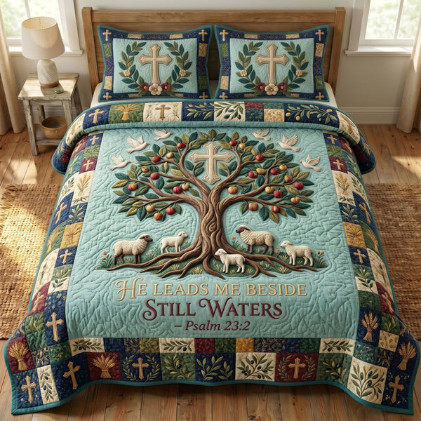 Christian Faith quilted 3-piece bedding set on a made bed in a softly lit bedroom